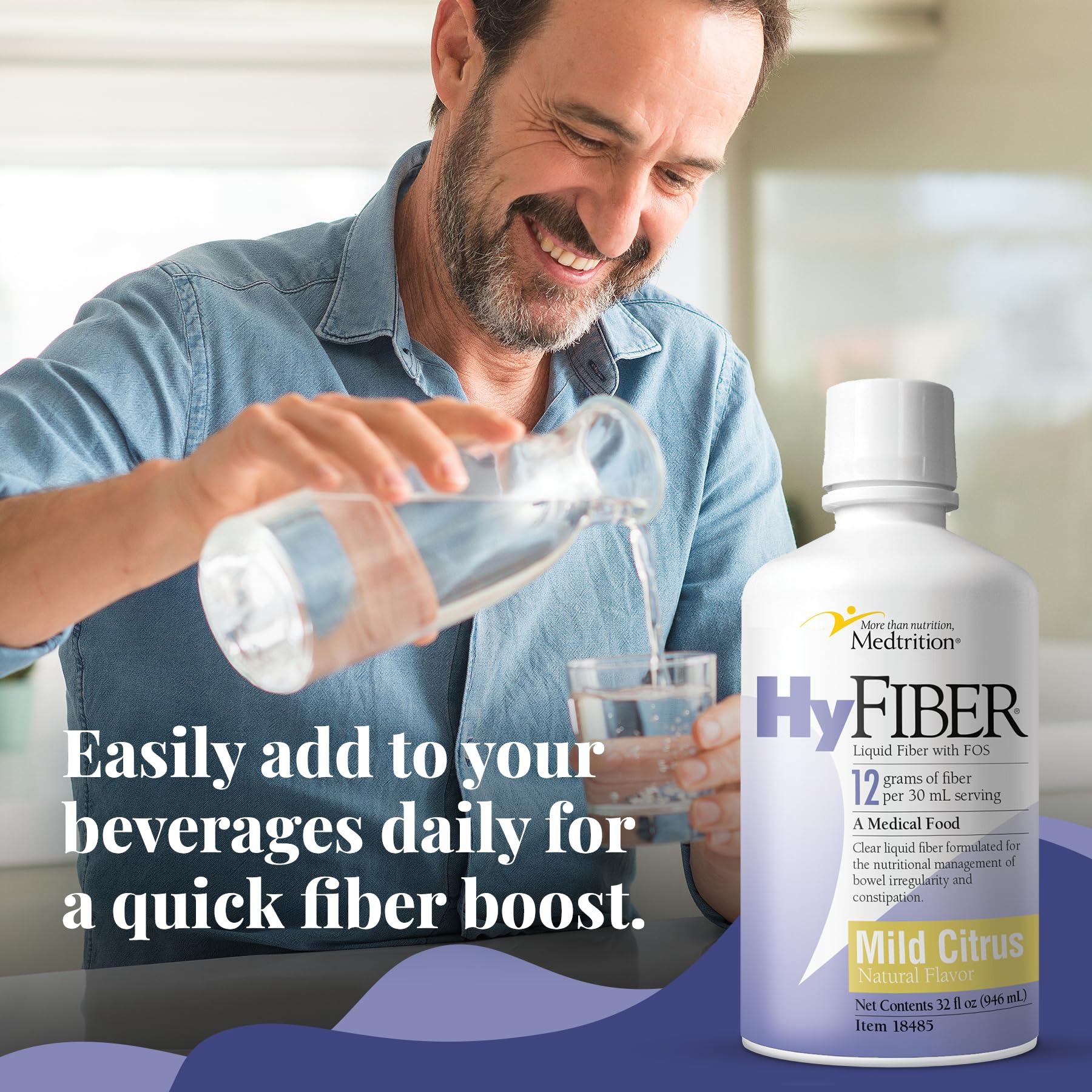 Medtrition HyFiber Daily, primer plano de etiqueta, libre de lactosa para digestión suave.