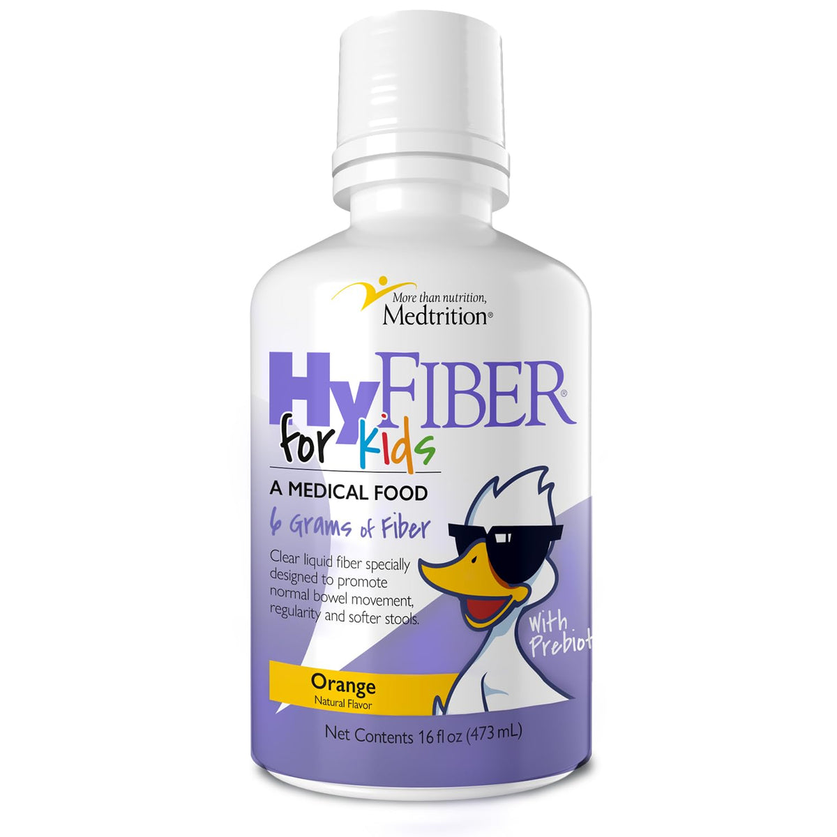 Medtrition HyFiber para niños, botella visible, apoya la regularidad intestinal