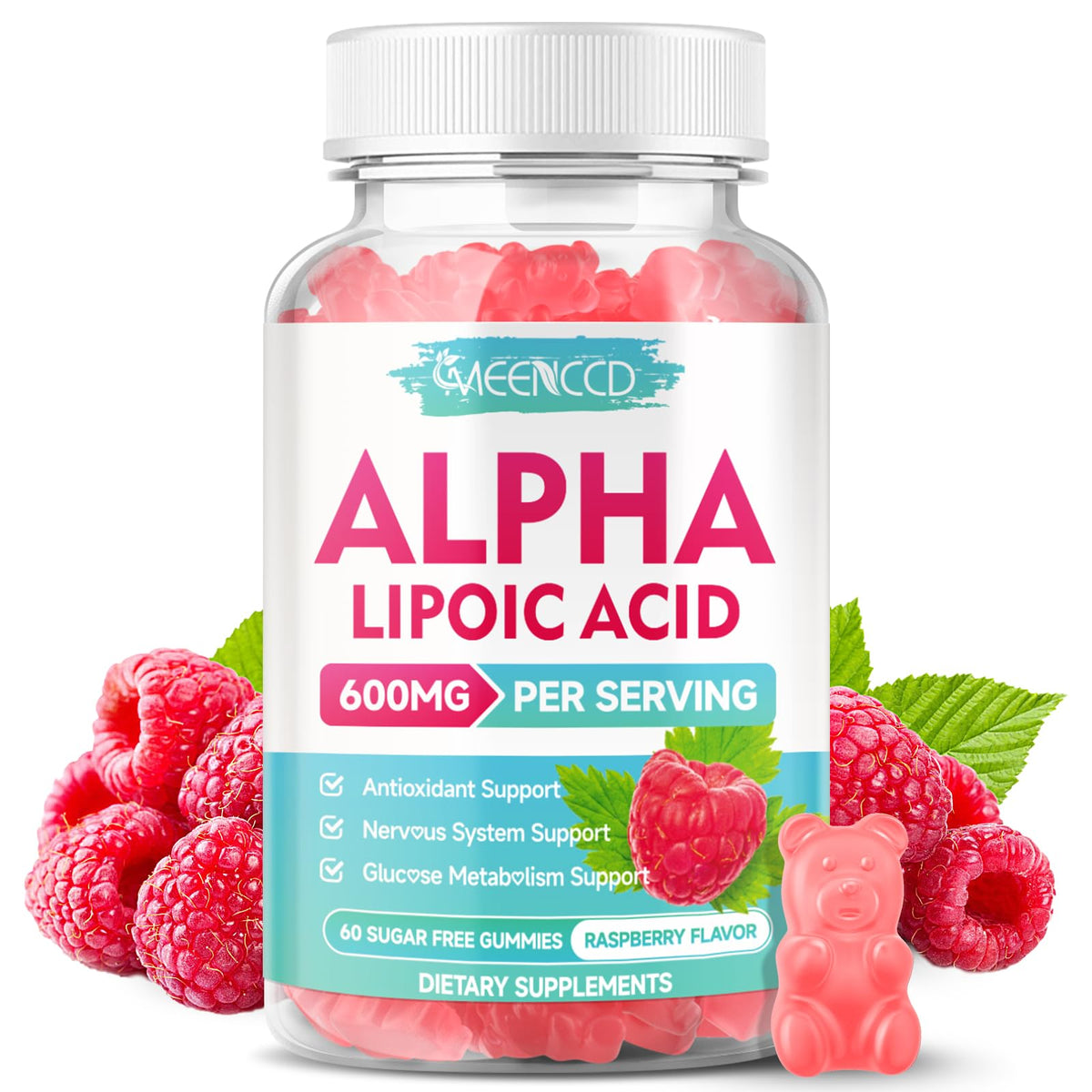 Gomitas MEENCCD de ácido alfa lipoico, sabor frambuesa, apoyo antioxidante diario.