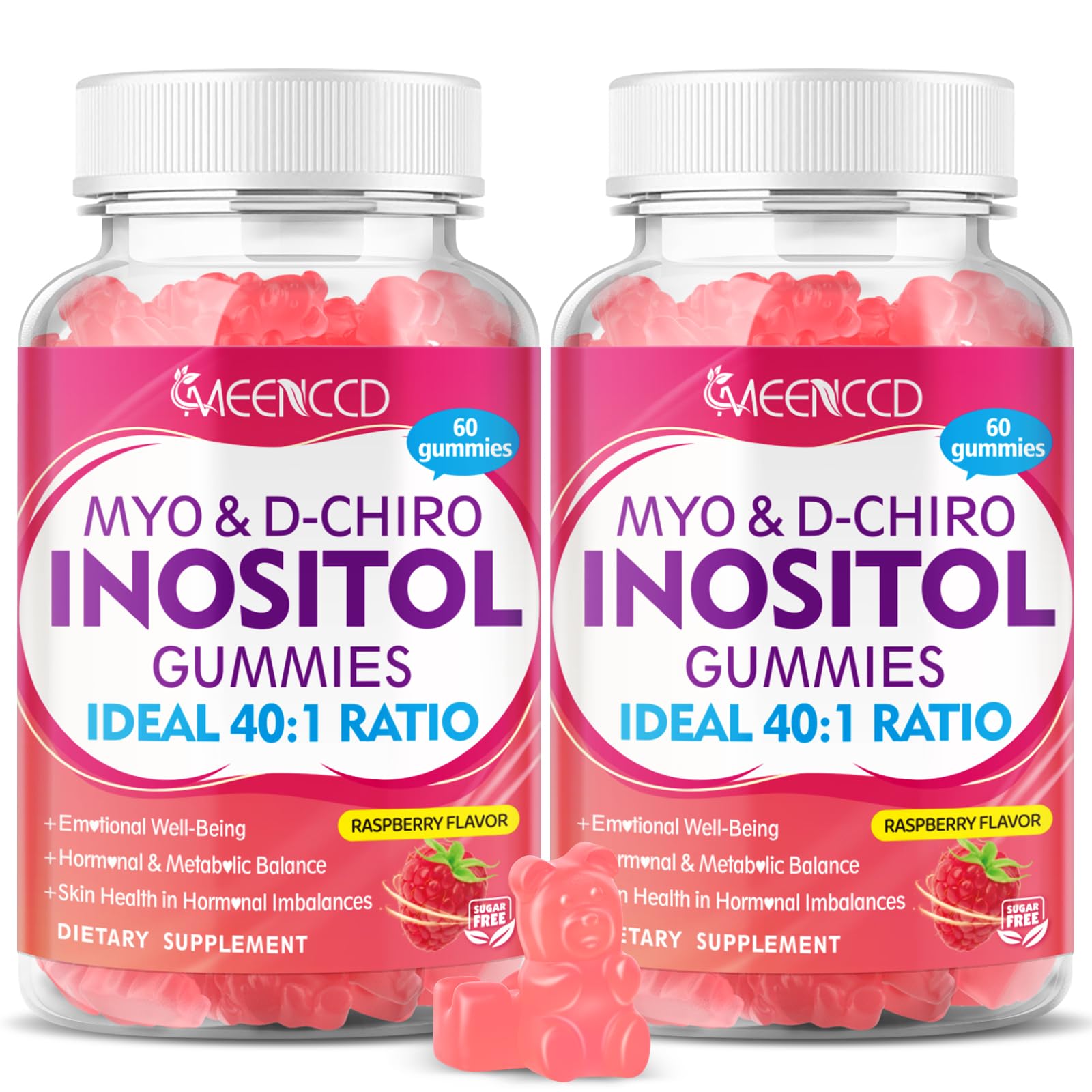 Gominolas MEENCCD frambuesa en botella para apoyo diario de inositol 40:1