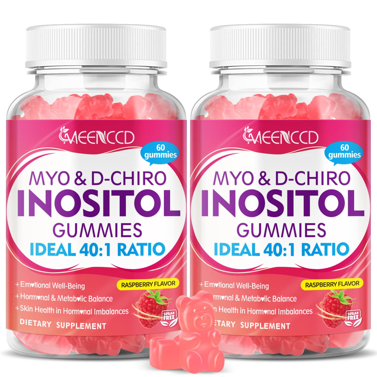 Gominolas MEENCCD frambuesa en botella para apoyo diario de inositol 40:1