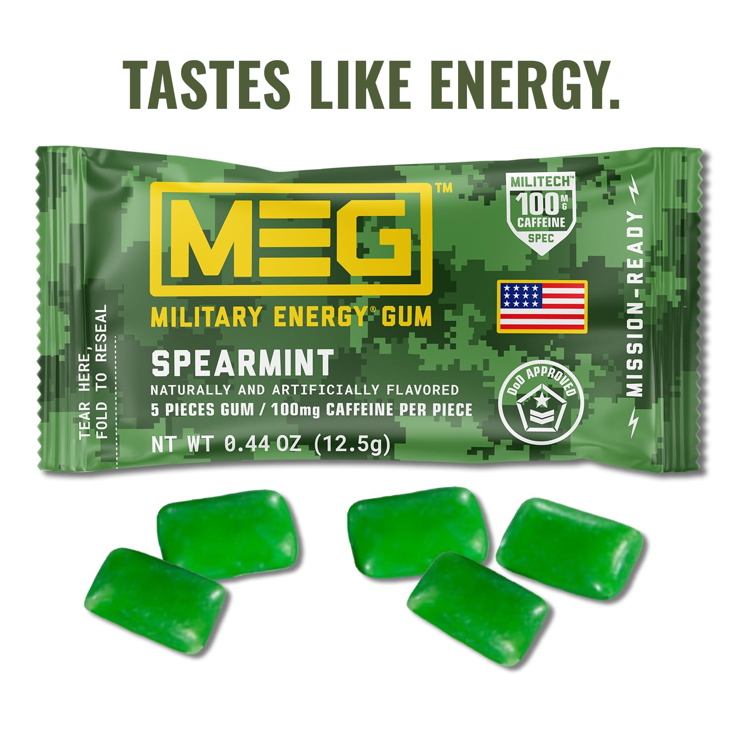 Goma MEG energizante con cafeína de 100 mg por pieza para energía rápida.