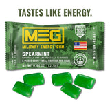 Goma MEG energizante con cafeína de 100 mg por pieza para energía rápida.