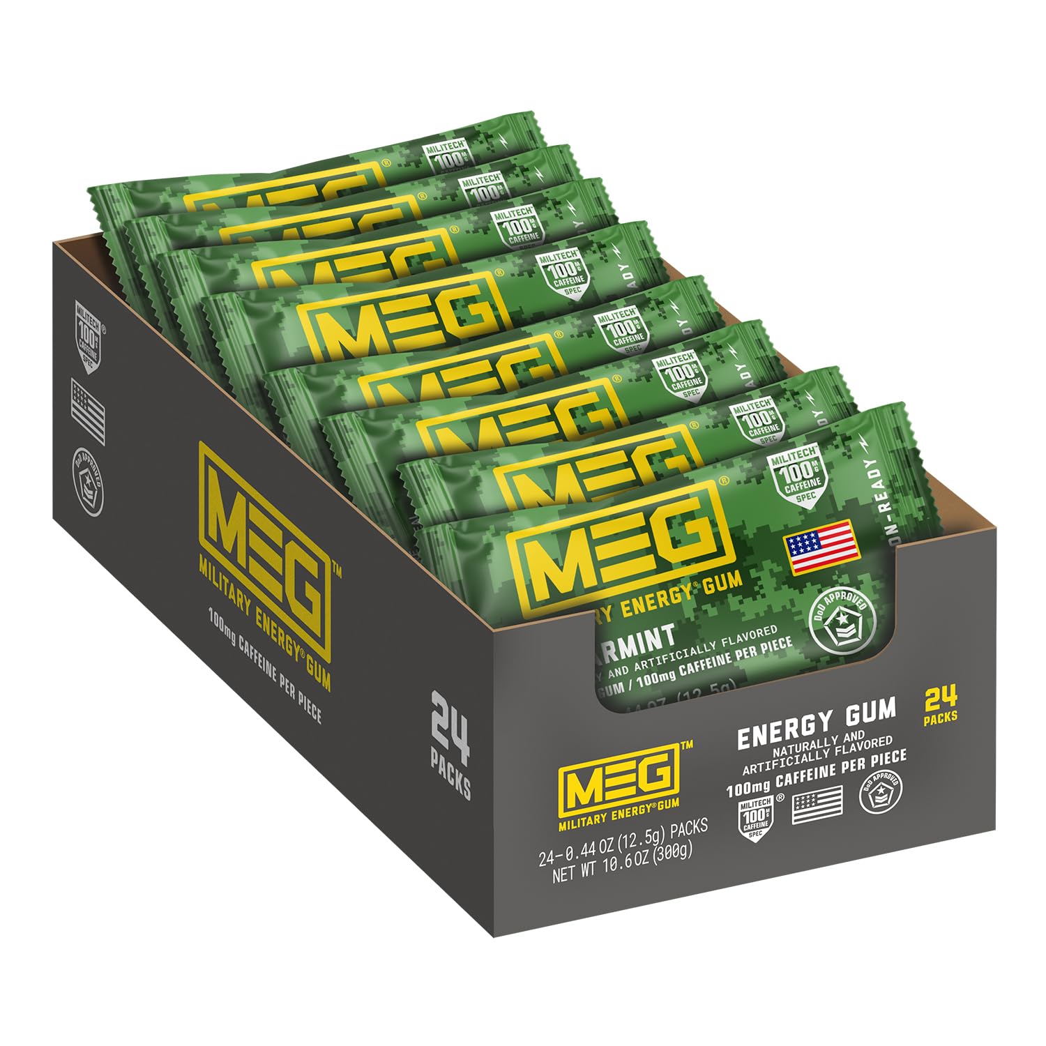MEG goma energizante militar en empaque de 24 para llevar.