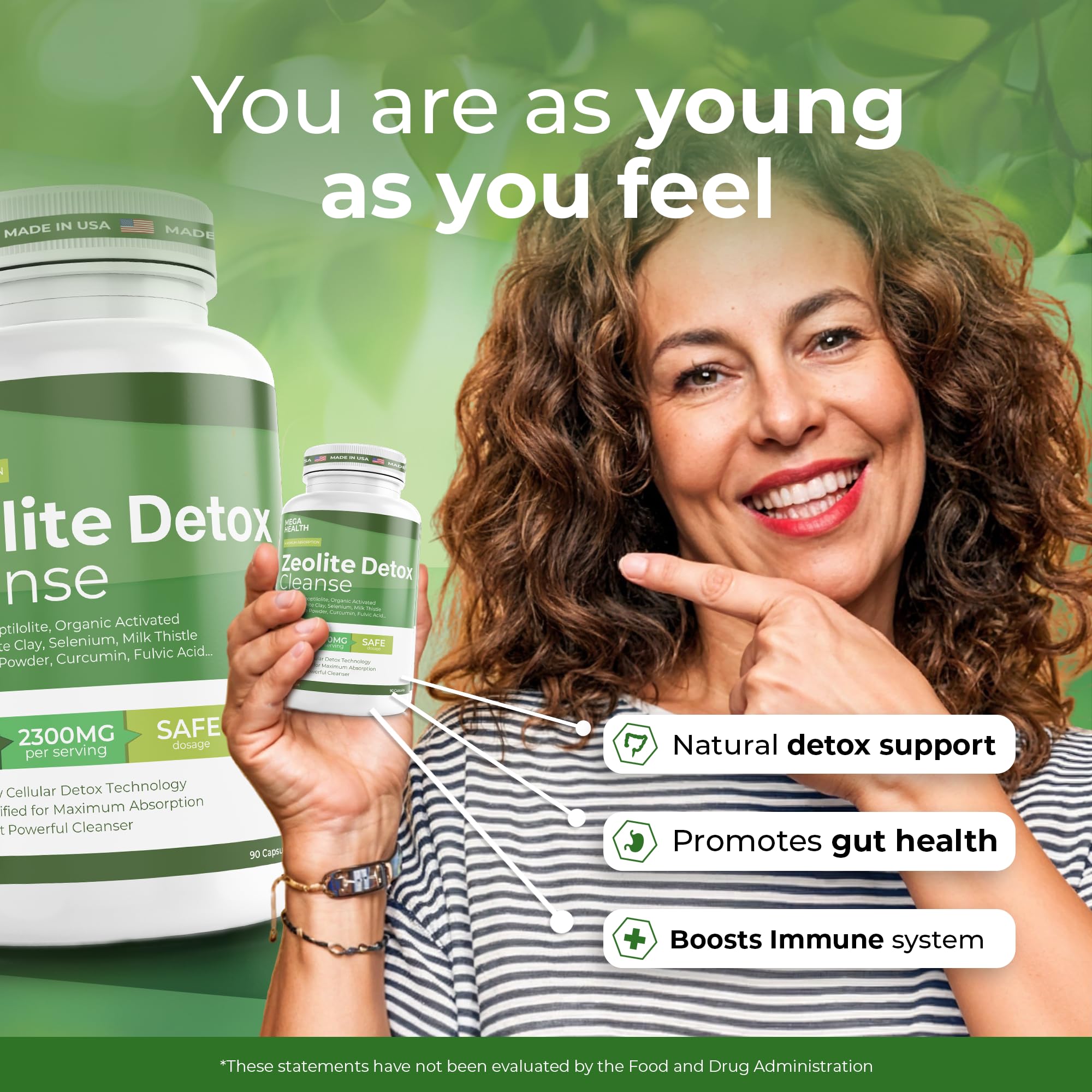 MEGA HEALTH Zeolita Detox etiqueta clara con información de uso diario