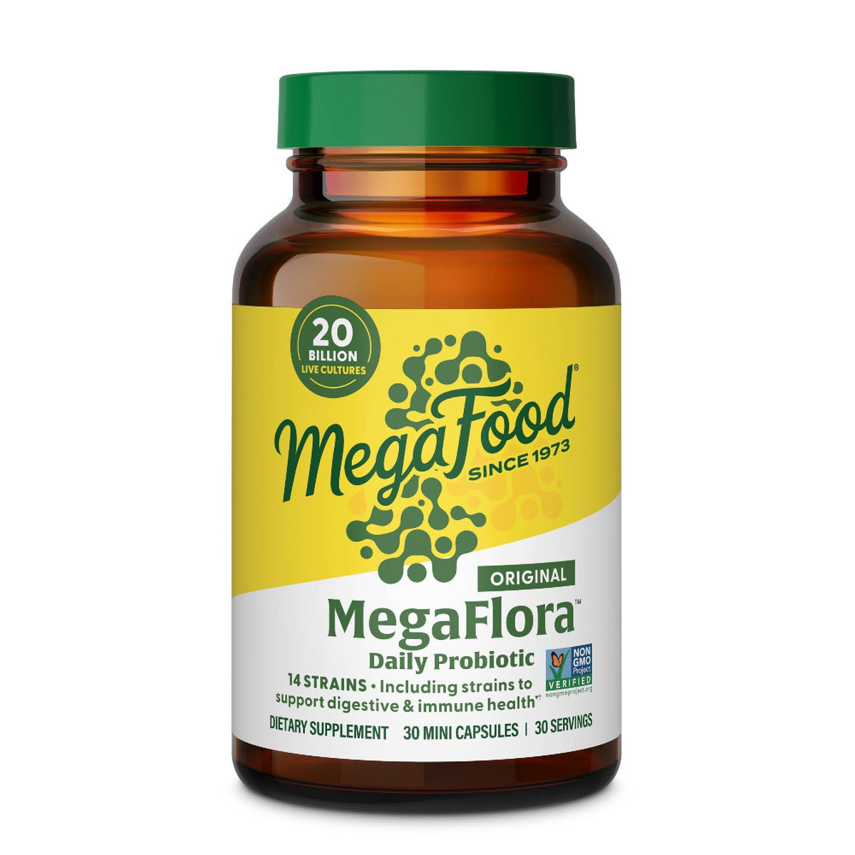 MegaFood MegaFlora probiótico botella de vidrio para uso diario y estabilidad de la microbiota.