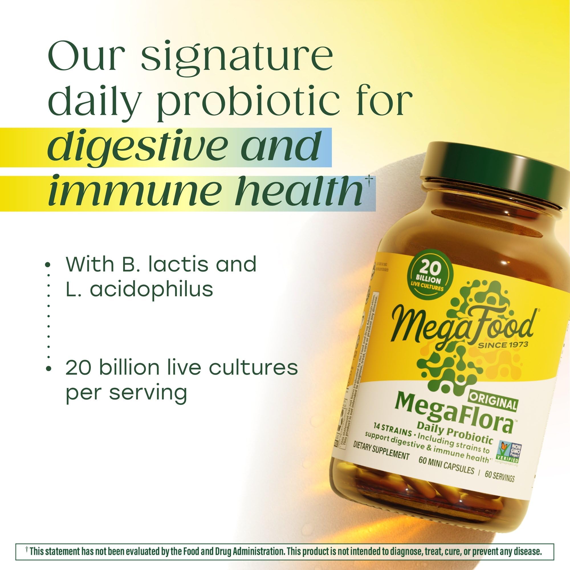 MegaFood MegaFlora probiótico etiqueta frontal informa cepas y beneficios para la salud intestinal.
