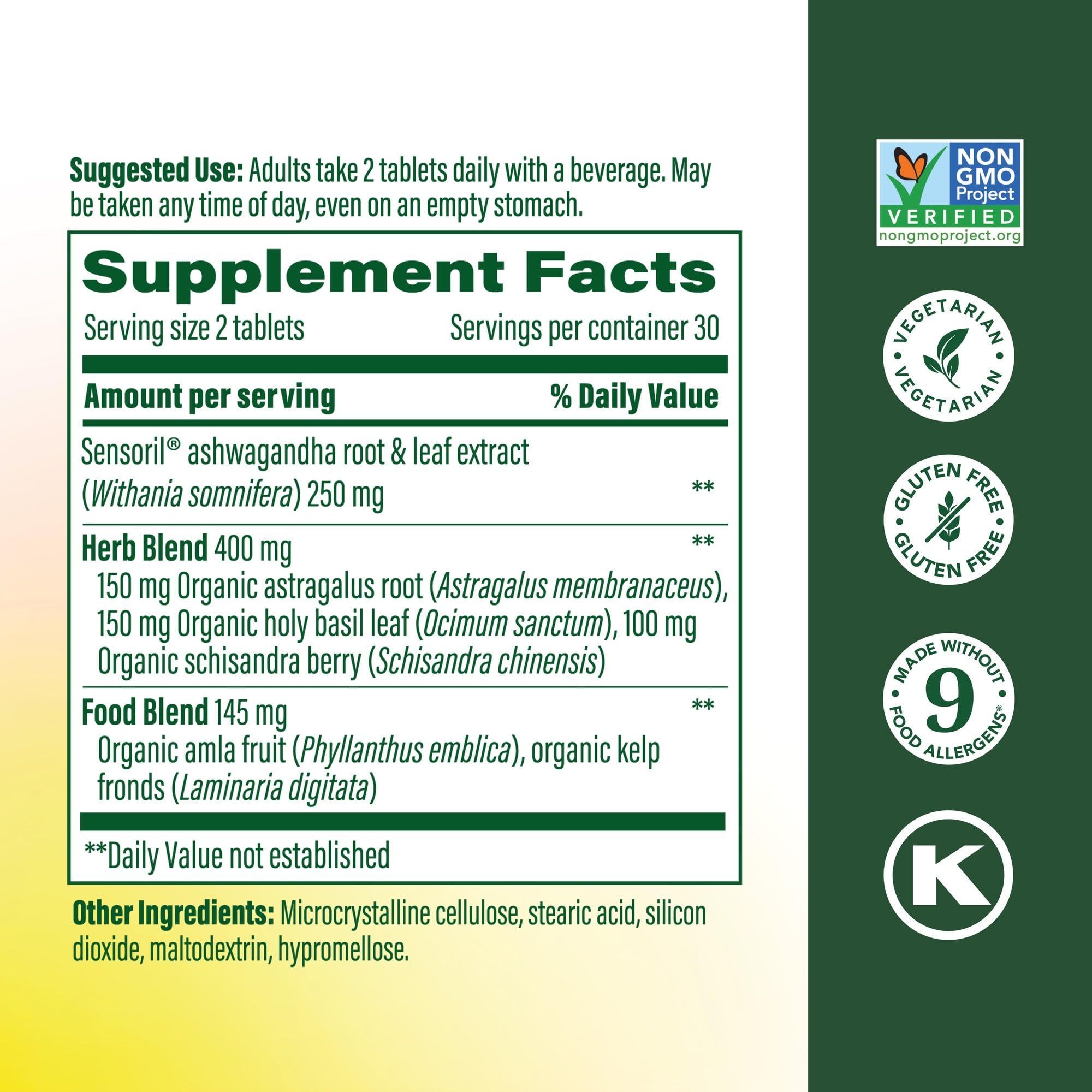 Etiqueta de MegaFood Ashwagandha Complex con información de ingredientes clave.