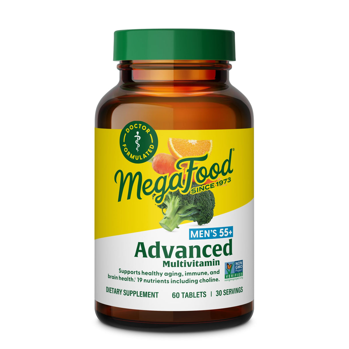MegaFood Multivitamínico Avanzado para Hombres 55+ envase frontal, apoyo a la vitalidad diaria