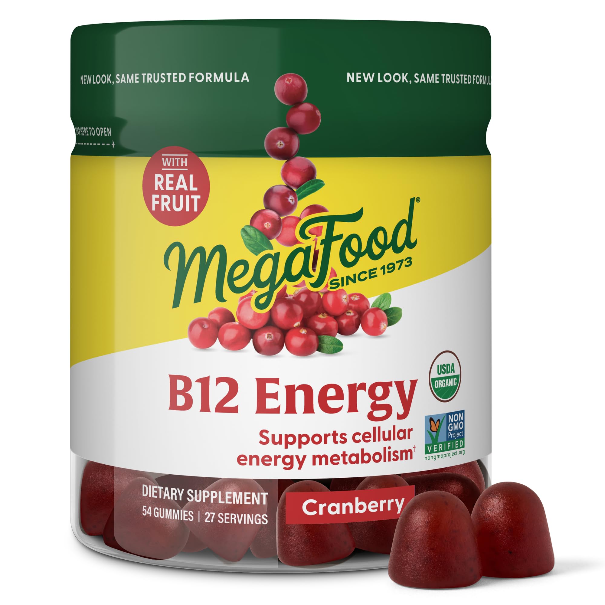 MegaFood B12 Energy Gummies en botella con sabor cranberry para energía diaria.
