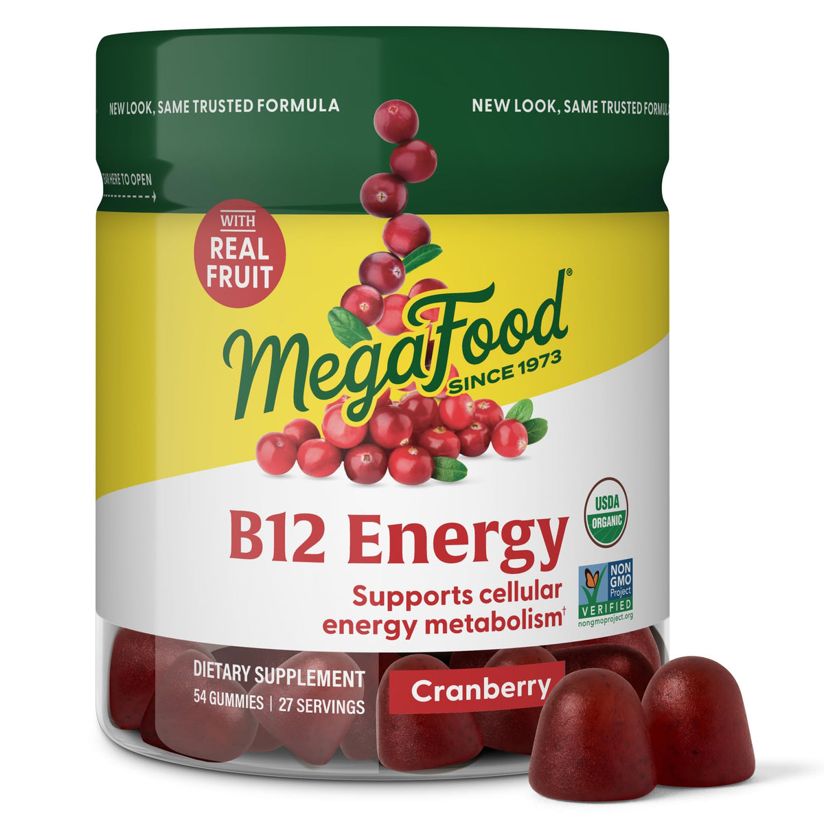 MegaFood B12 Energy Gummies en botella con sabor cranberry para energía diaria.