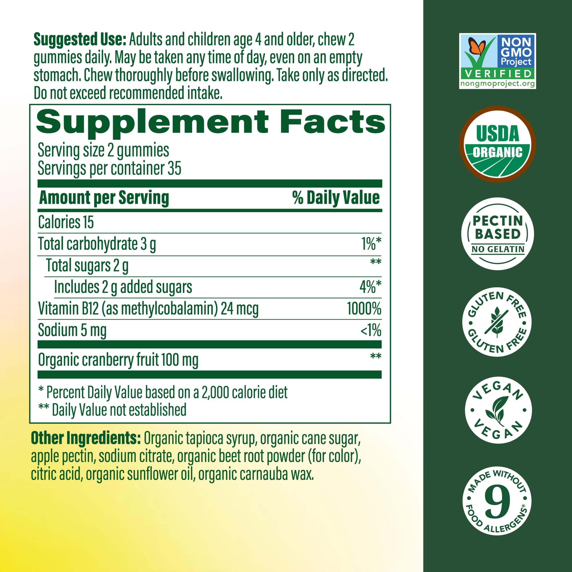 La etiqueta orgánica certificada de MegaFood B12 Energy Gummies resalta ingredientes limpios.