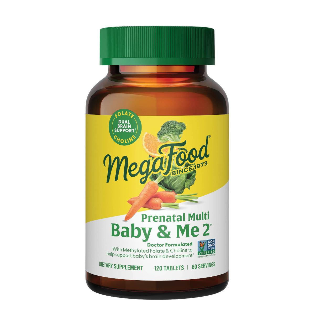 MegaFood Baby & Me 2, botella frente, fácil de identificar para la rutina prenatal.