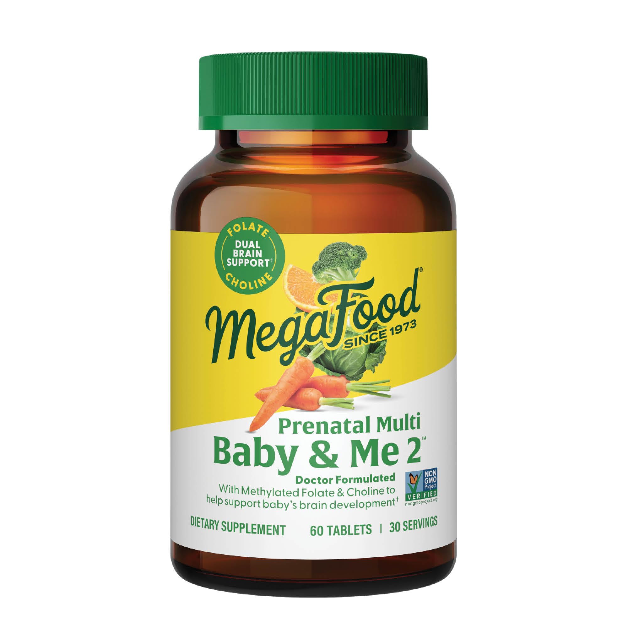 MegaFood Baby Me 2: frasco de vitaminas prenatal para comenzar el día con folato.