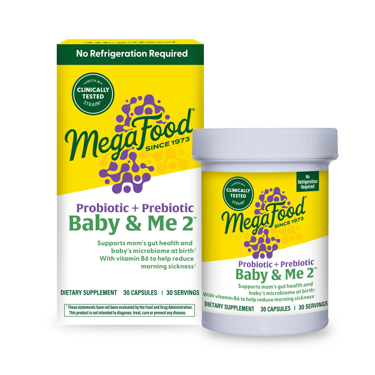 MegaFood Baby & Me 2 probiótico en botella para apoyo digestivo durante el embarazo.
