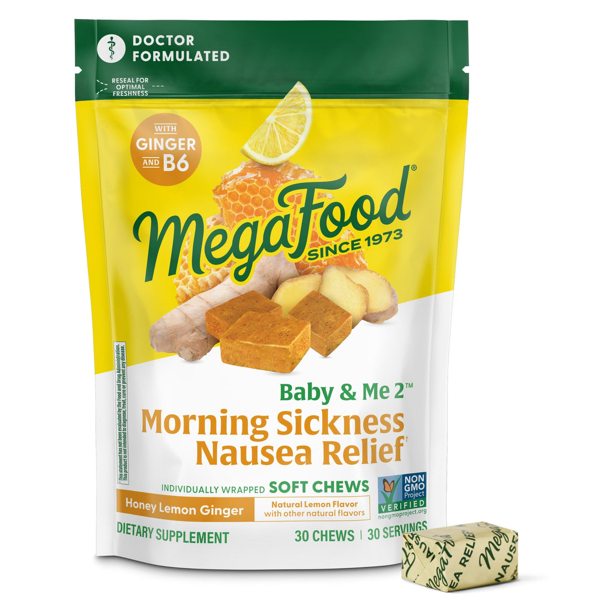 MegaFood Baby & Me Prenatal gomitas jengibre-limon-miel para apoyo diario