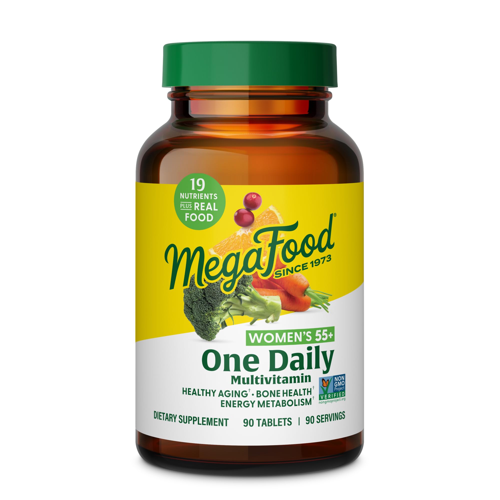 MegaFood, botella de multivitamina para mujer 55+, apoyo diario y vitalidad.