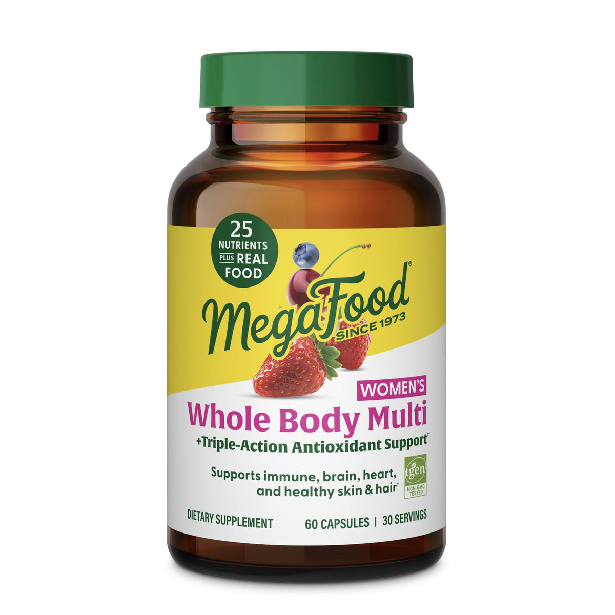 MegaFood Whole Body para mujer, botella de cápsulas para nutrición diaria.