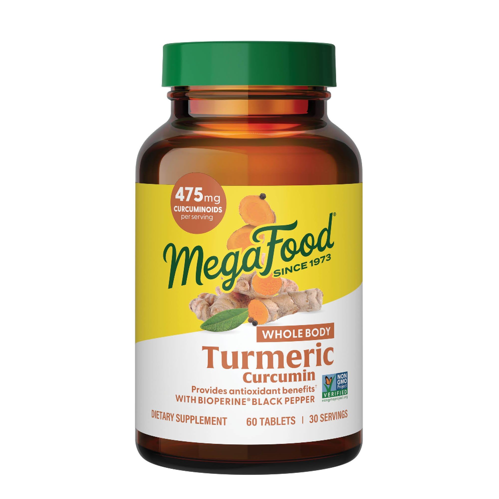 MegaFood Curcuma: cápsulas en botella para apoyo antioxidante diario y energía sostenida.