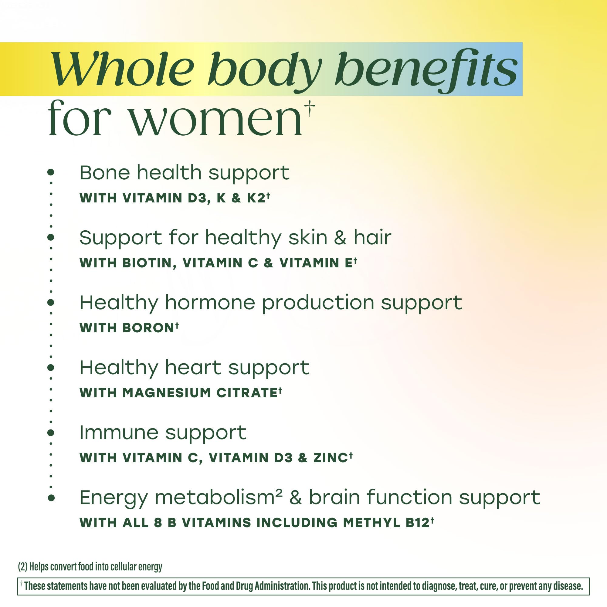 Etiqueta MegaFood con detalles de 25 nutrientes para mujeres.