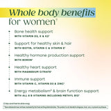 Etiqueta MegaFood con detalles de 25 nutrientes para mujeres.