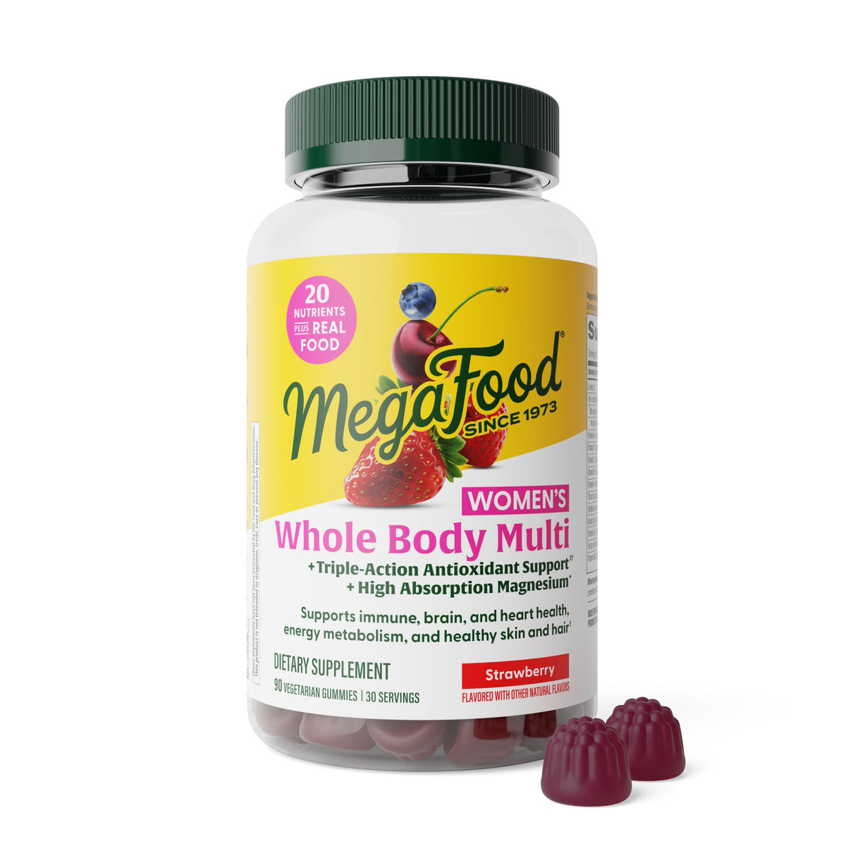 MegaFood gomitas para mujer sabor fresa, aporte diario de vitaminas.