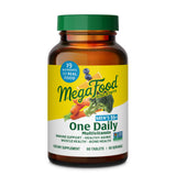MegaFood Hombres 55años multivitamínico botella mostrando uso diario.