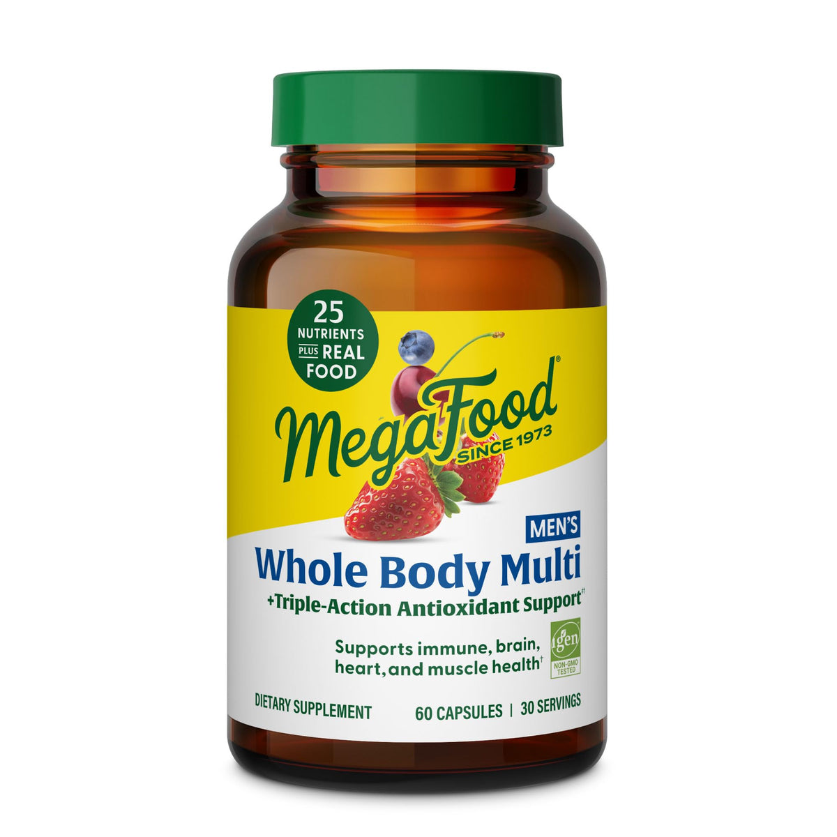 MegaFood Whole Body para hombres, frasco de cápsulas para energía y bienestar diario.