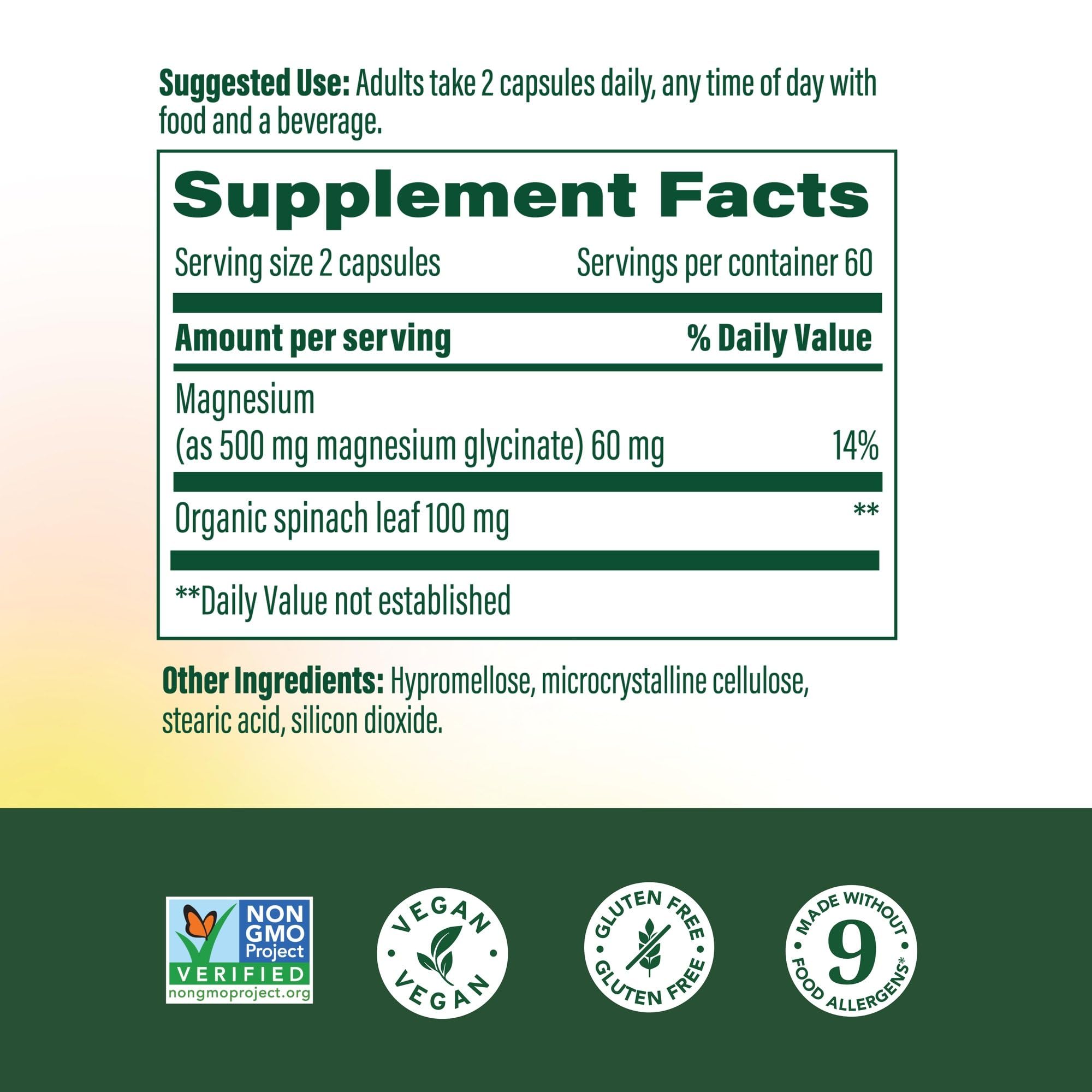 MegaFood magnesio glicinato 500 mg, envase visible y dosis diaria sugerida.