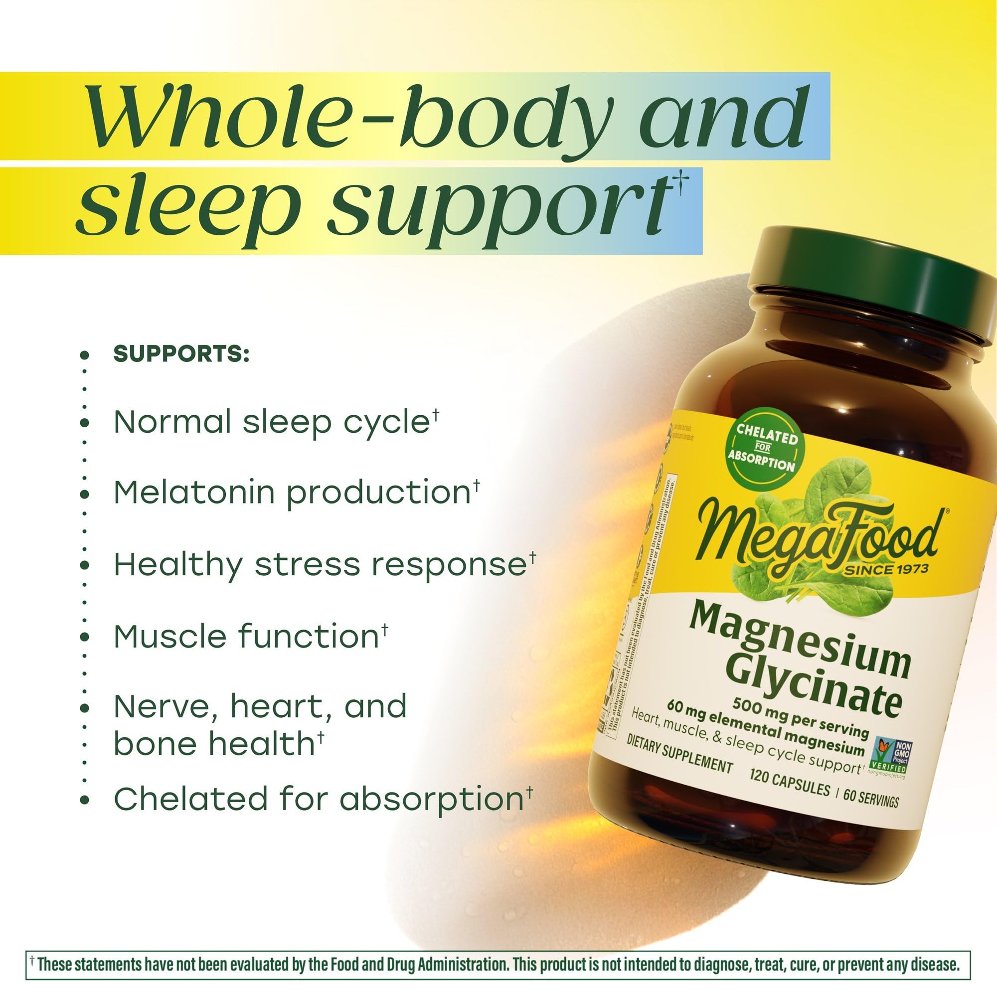 MegaFood magnesio glicinato 500 mg, etiqueta frontal clara y fórmula suave.