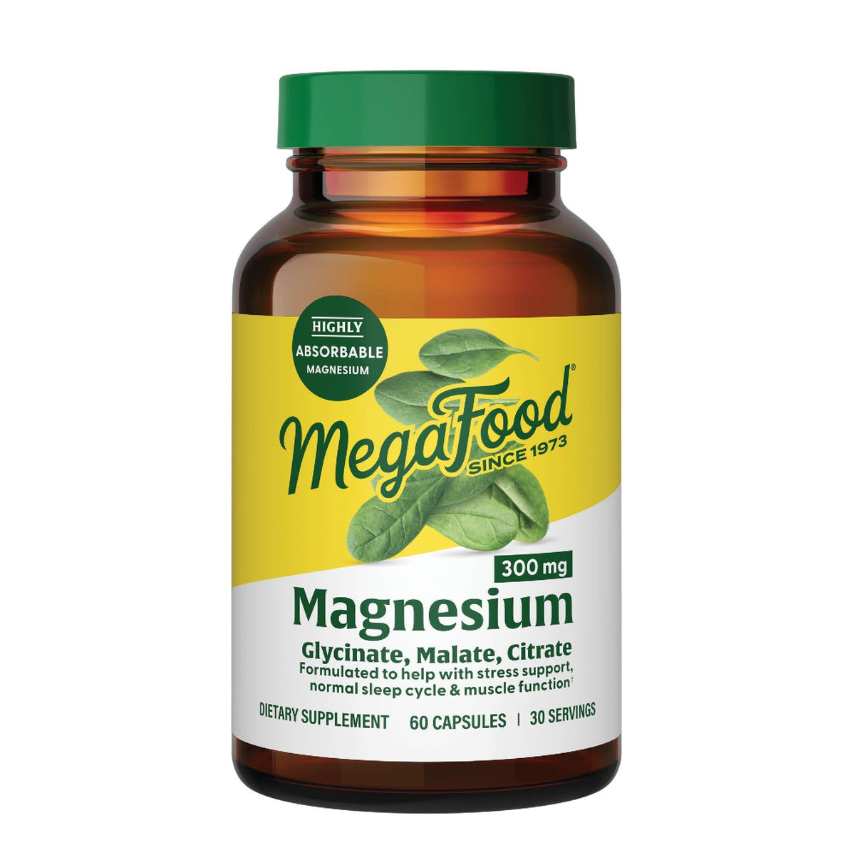 MegaFood Magnesio glicinato, citrato y malato en cápsulas para absorción eficiente.