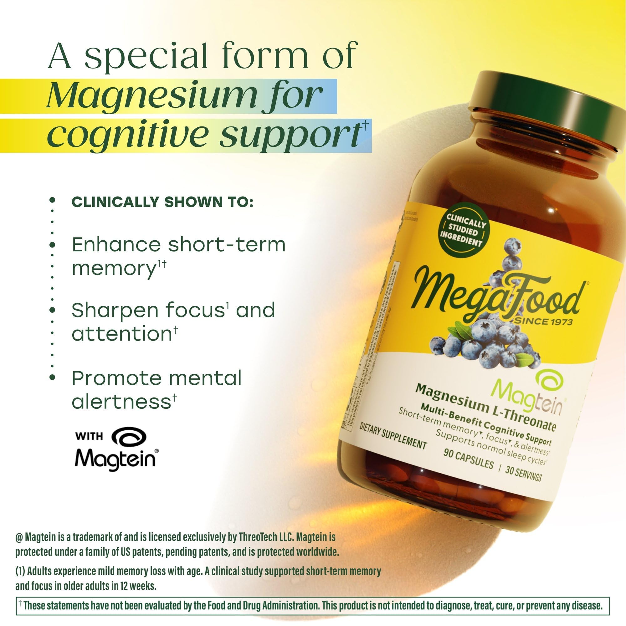 MegaFood Magtein: etiqueta frontal clara del producto.