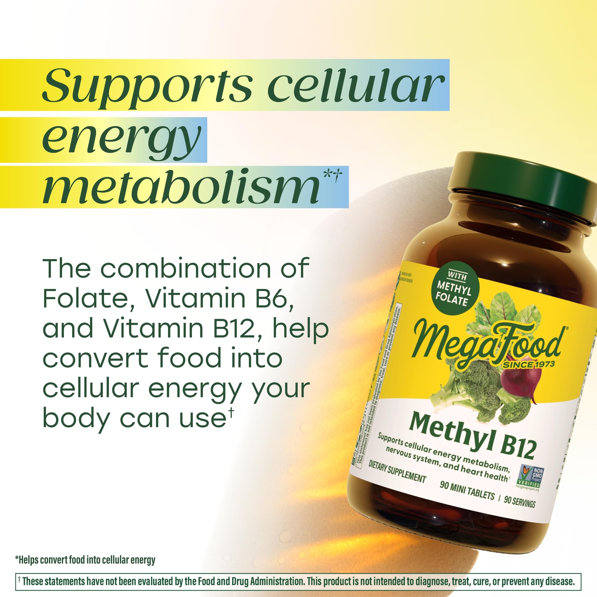 MegaFood Methyl B12: ingredientes reales como remolacha y brócoli para una nutrición consciente.