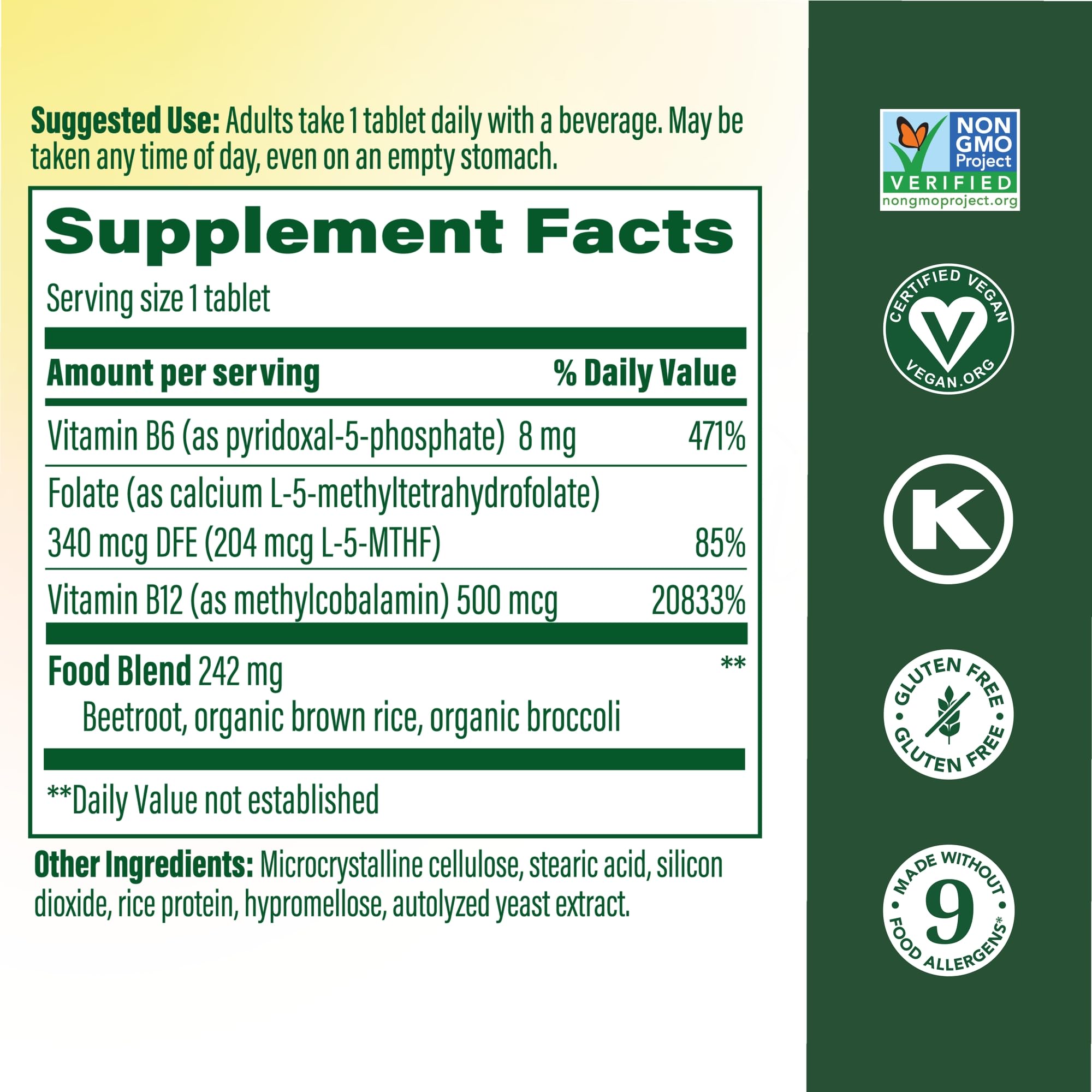 MegaFood Methyl B12: tabletas fáciles de tragar para dosis diaria.