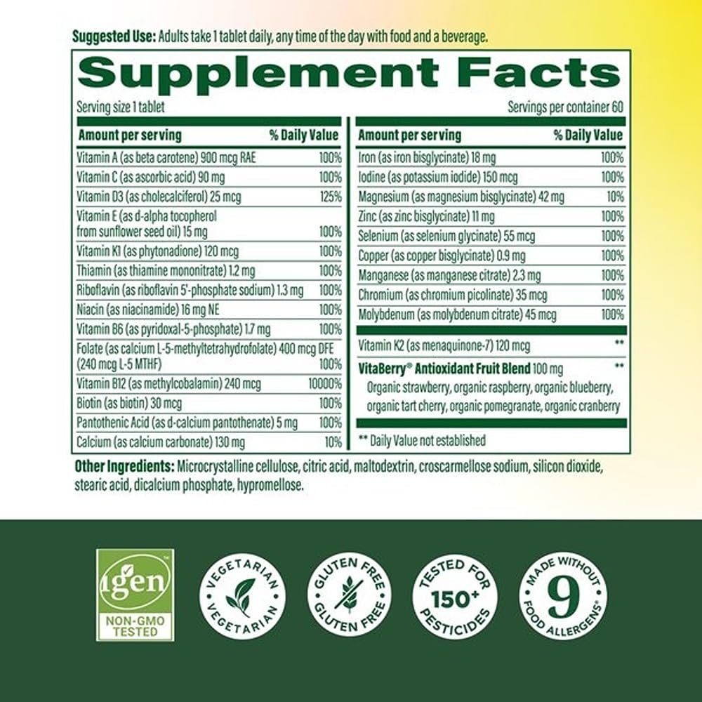 MegaFood Mujer, etiqueta frontal, muestra nutrientes clave para apoyar tu salud diaria.