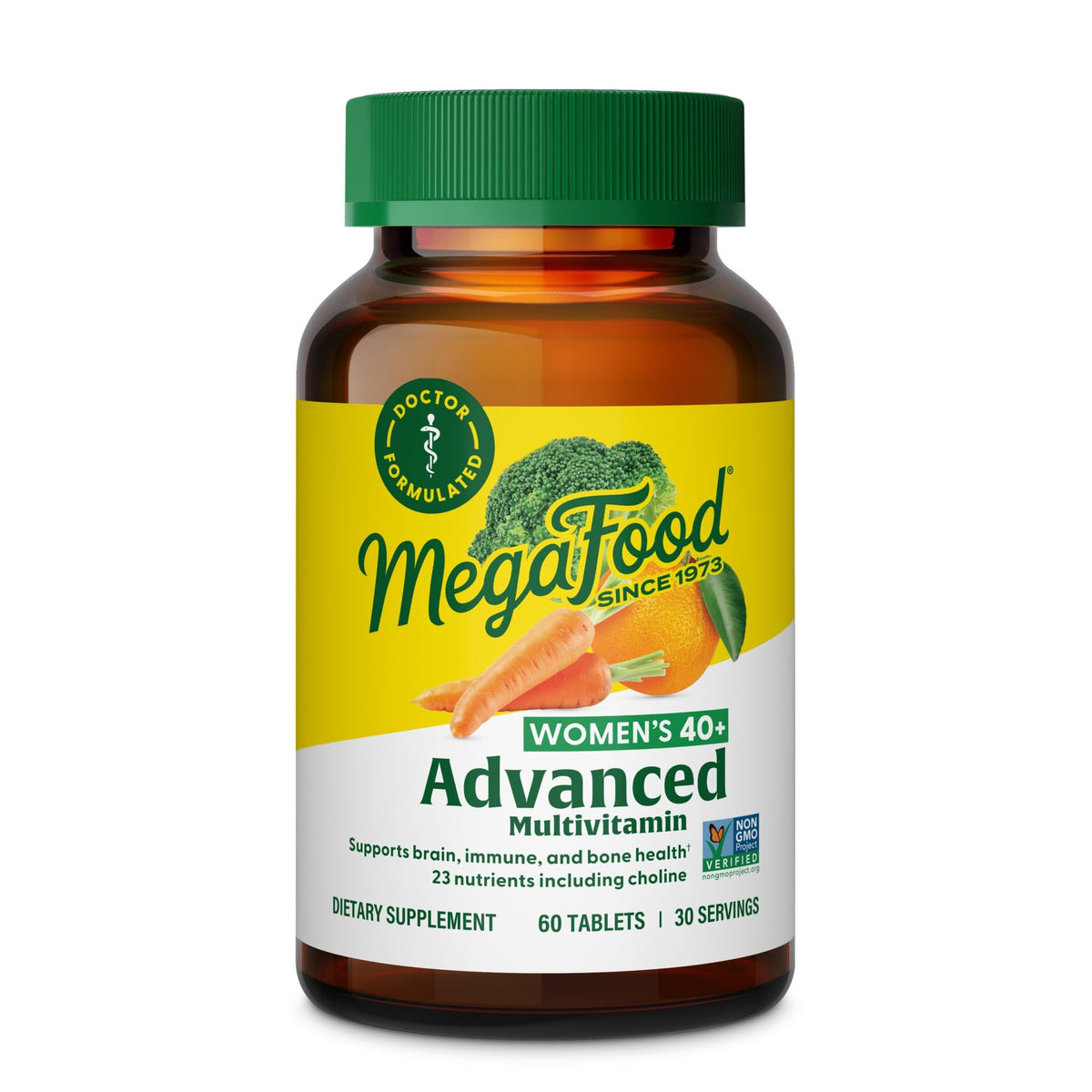 MegaFood Mujeres 40+ multivitamínico, botella en primer plano, apoyo diario de nutrición y bienestar.