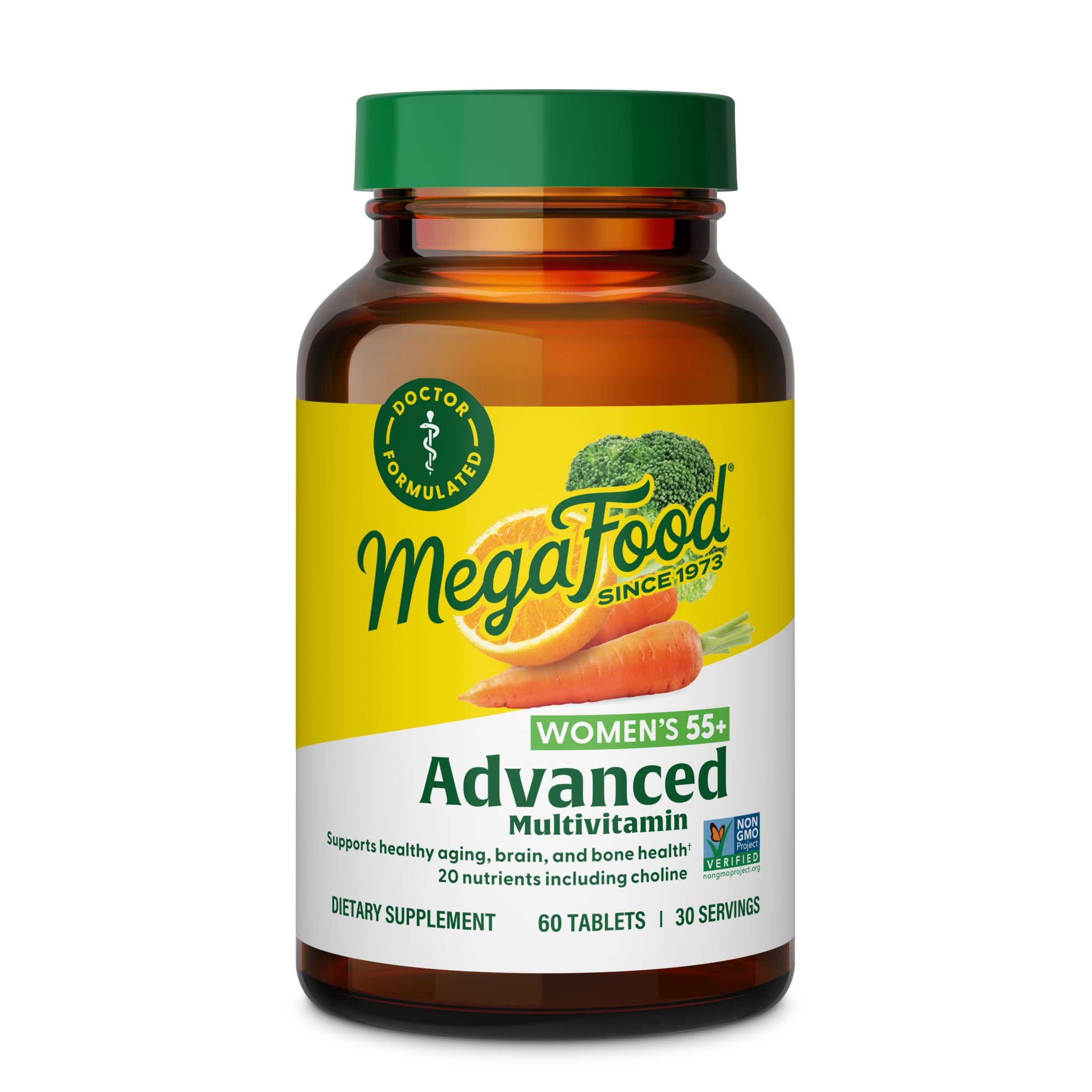 MegaFood Multi para Mujeres 55+, frasco visible y tamaño de porciones diario.