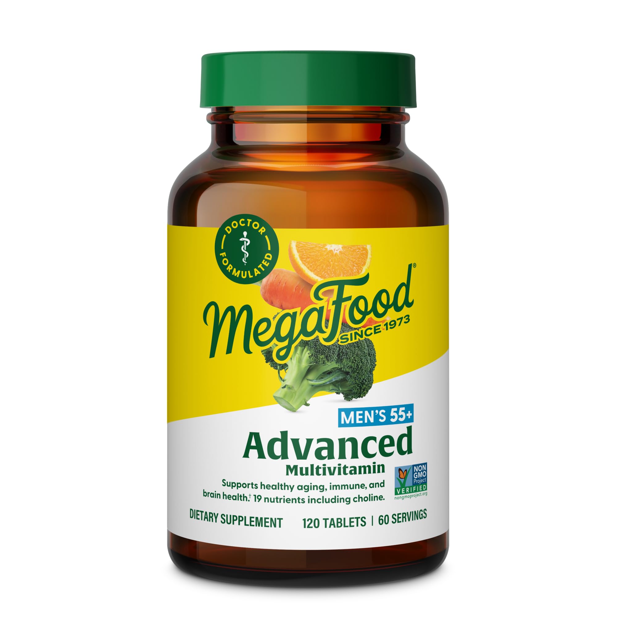MegaFood Multivitamínico Avanzado para Hombres 55+ en botella, apoyo a la energía diaria.