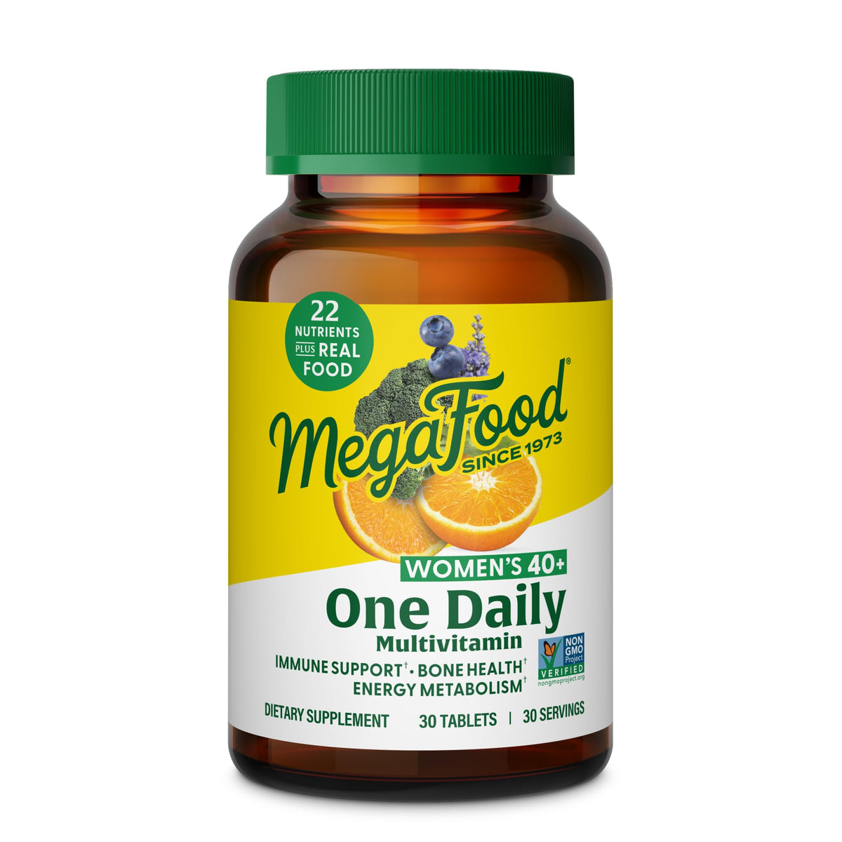MegaFood Multivitamínico para Mujer 40+ en botella, apoyo diario de energía.
