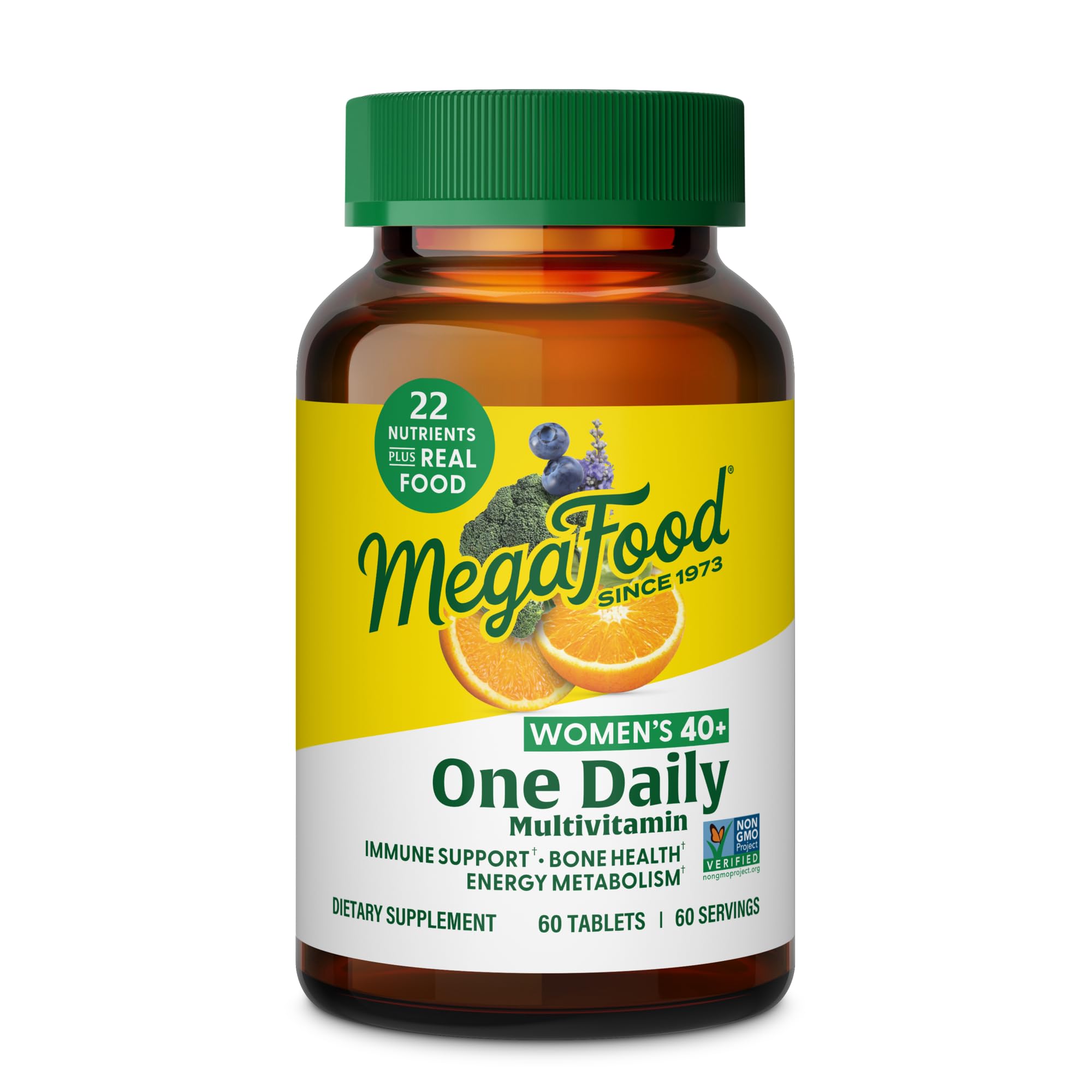 MegaFood Multivitamin para mujeres 40+ frente de botella, apoyo a la energía diaria.