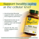 Etiqueta frontal de MegaFood NAD+ mostrando ingredientes clave.