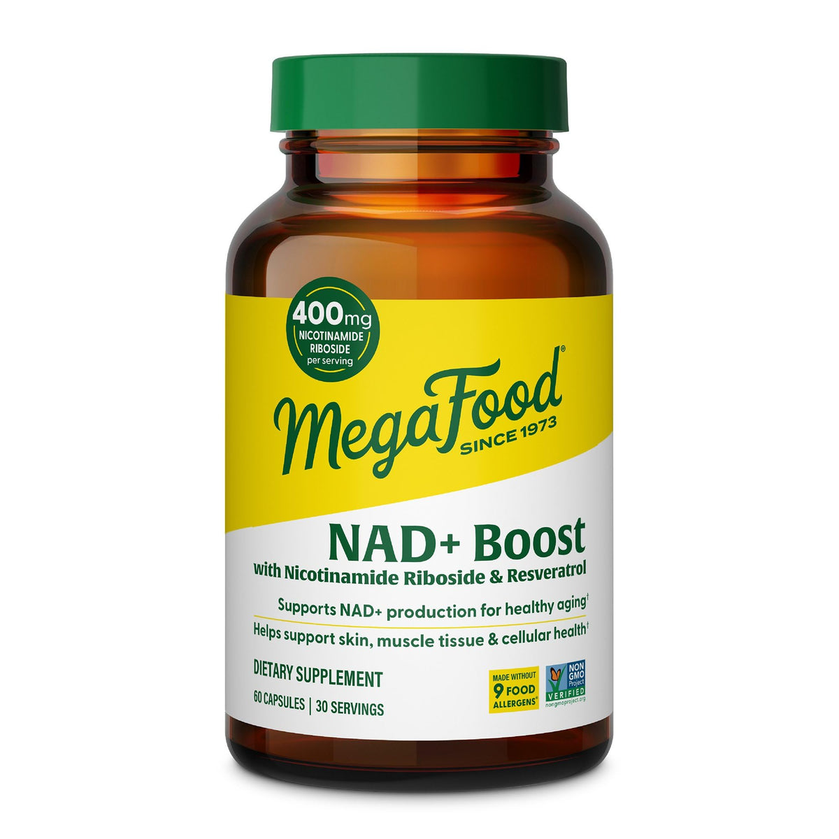 MegaFood NAD+ con Resveratrol, cápsulas: apoyo a la energía celular para el día a día.