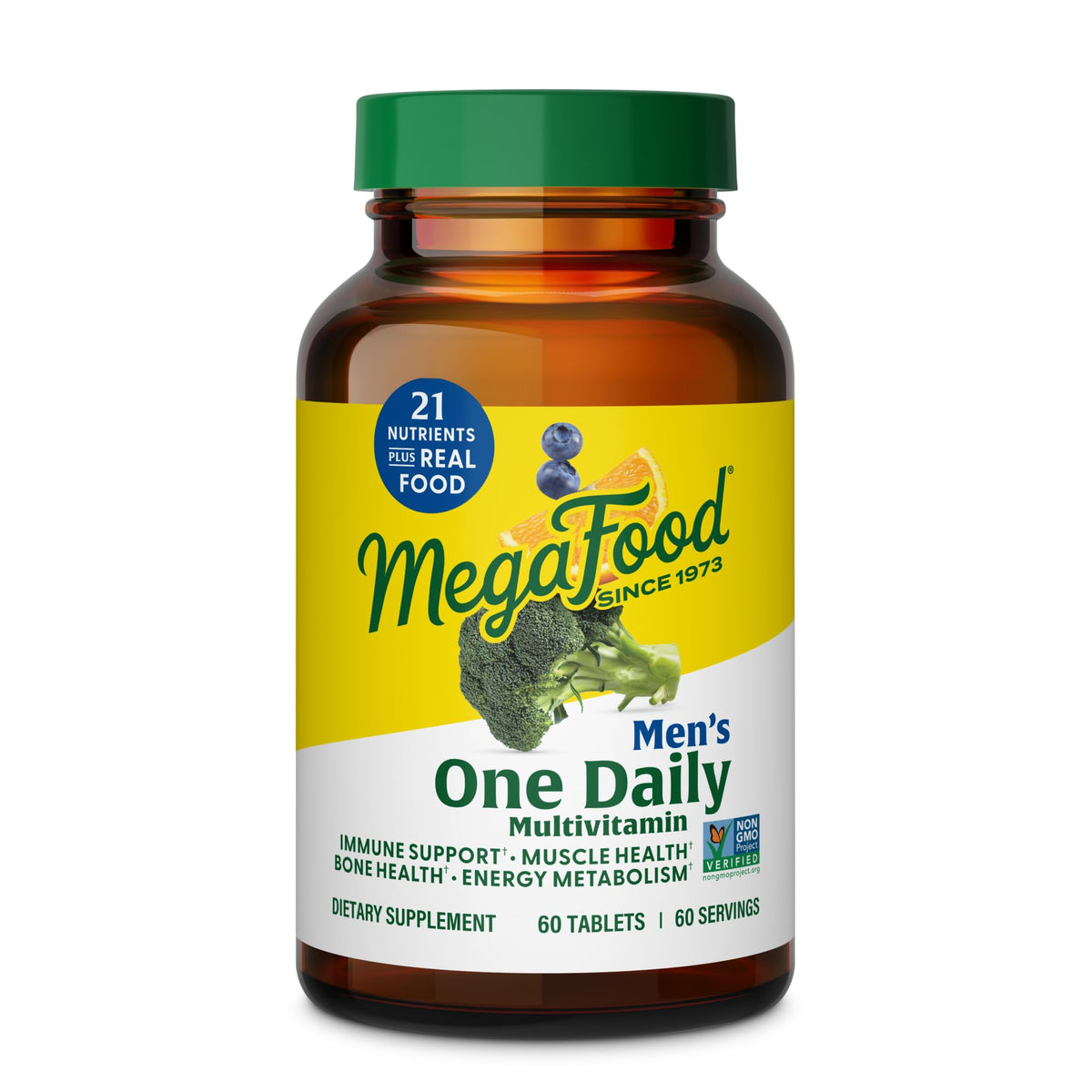 MegaFood One Daily para Hombres, bote frontal, apoyo diario de energía y bienestar.