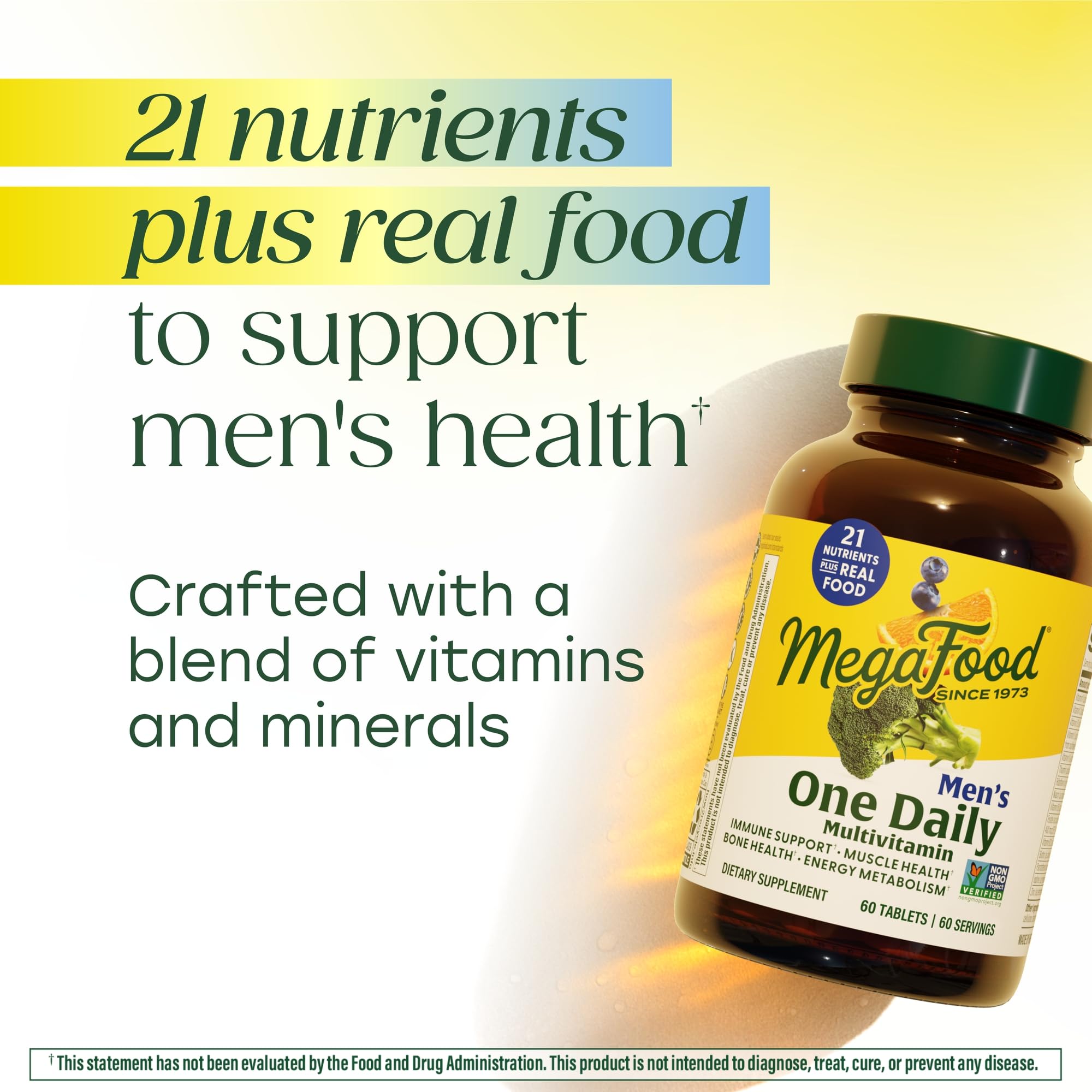 MegaFood One Daily para Hombres, ingredientes de alimentos reales, con bayas y brócoli.