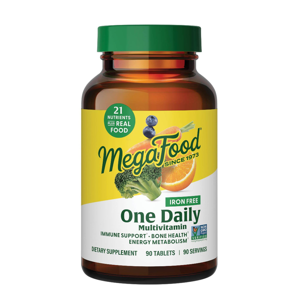 MegaFood One Daily sin Hierro, tableta frente a fondo claro, nutrición diaria con comida real