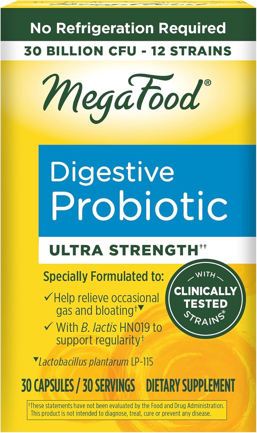 MegaFood Digestive Probiotic botella: apoyo a la regularidad diaria y la salud intestinal.