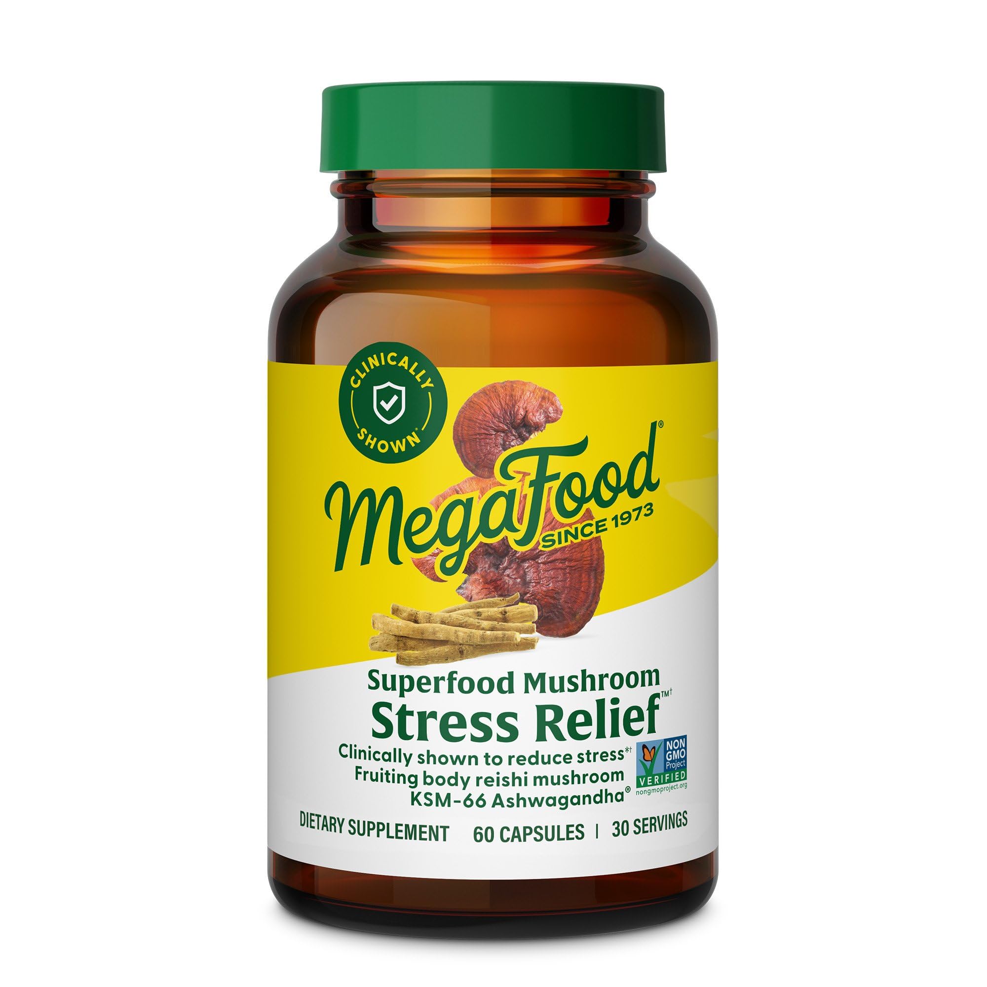 MegaFood Reishi cápsulas en botella para apoyo diario al estrés