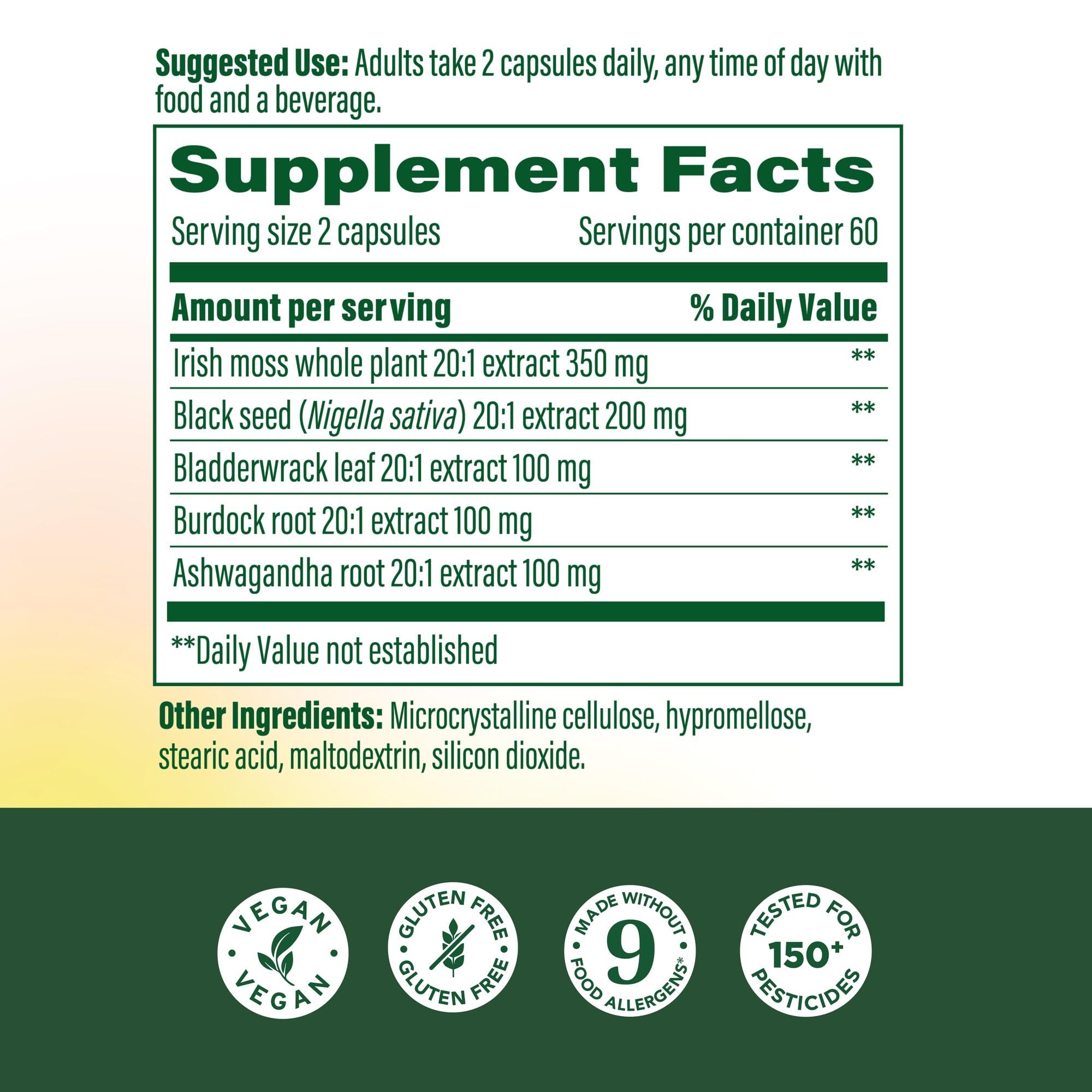 MegaFood Sea Moss Complex: etiqueta con información clara y componentes antioxidantes.