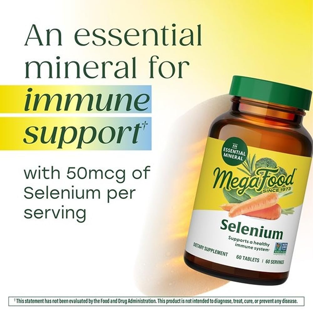 MegaFood Selenio, mezcla de alimentos y hierbas, destaca ingredientes naturales.