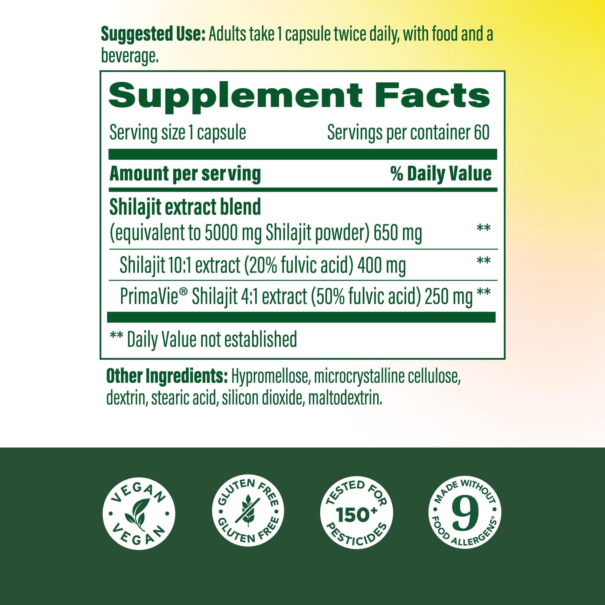 Etiqueta frontal de MegaFood Shilajit para fuente y beneficios posibles
